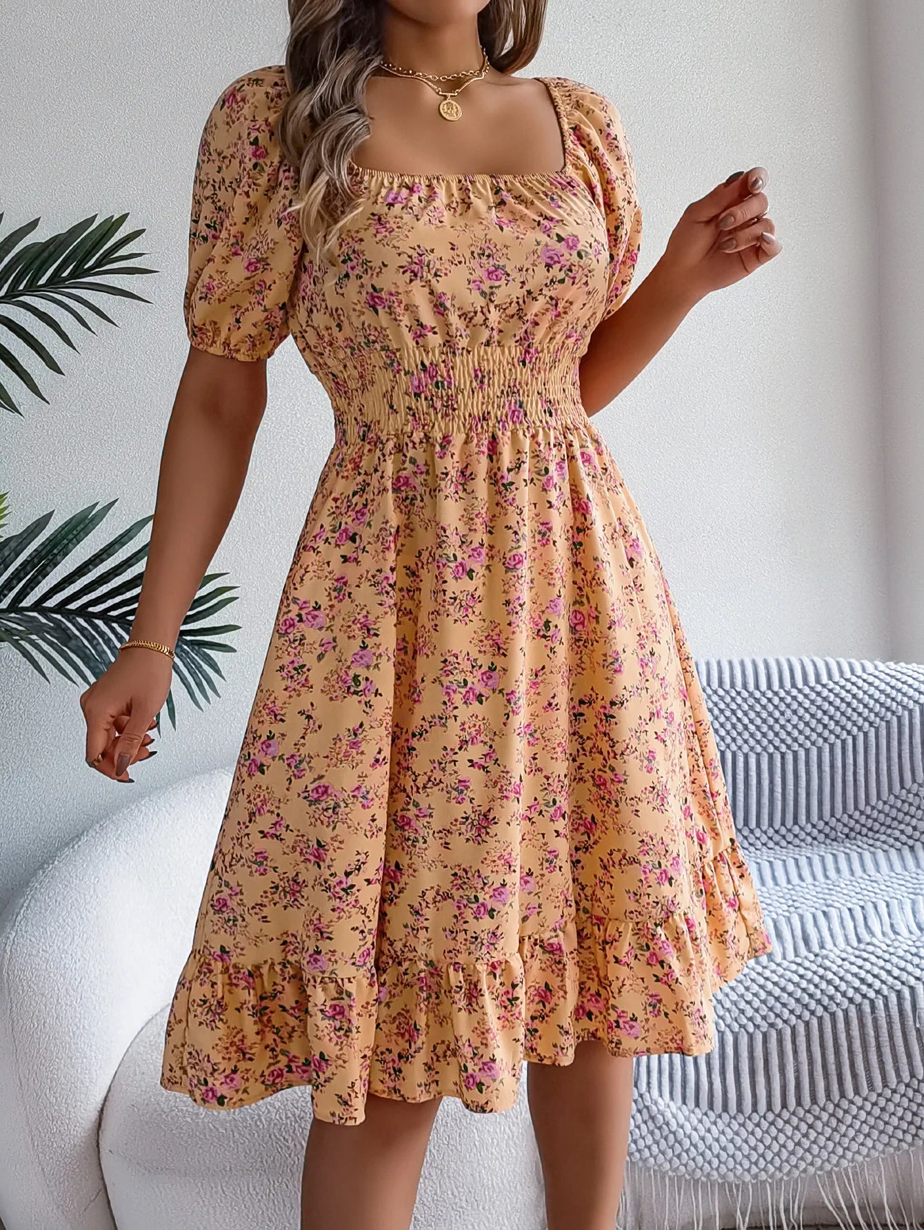 Women's Floral 3D Print Square Neck Dress